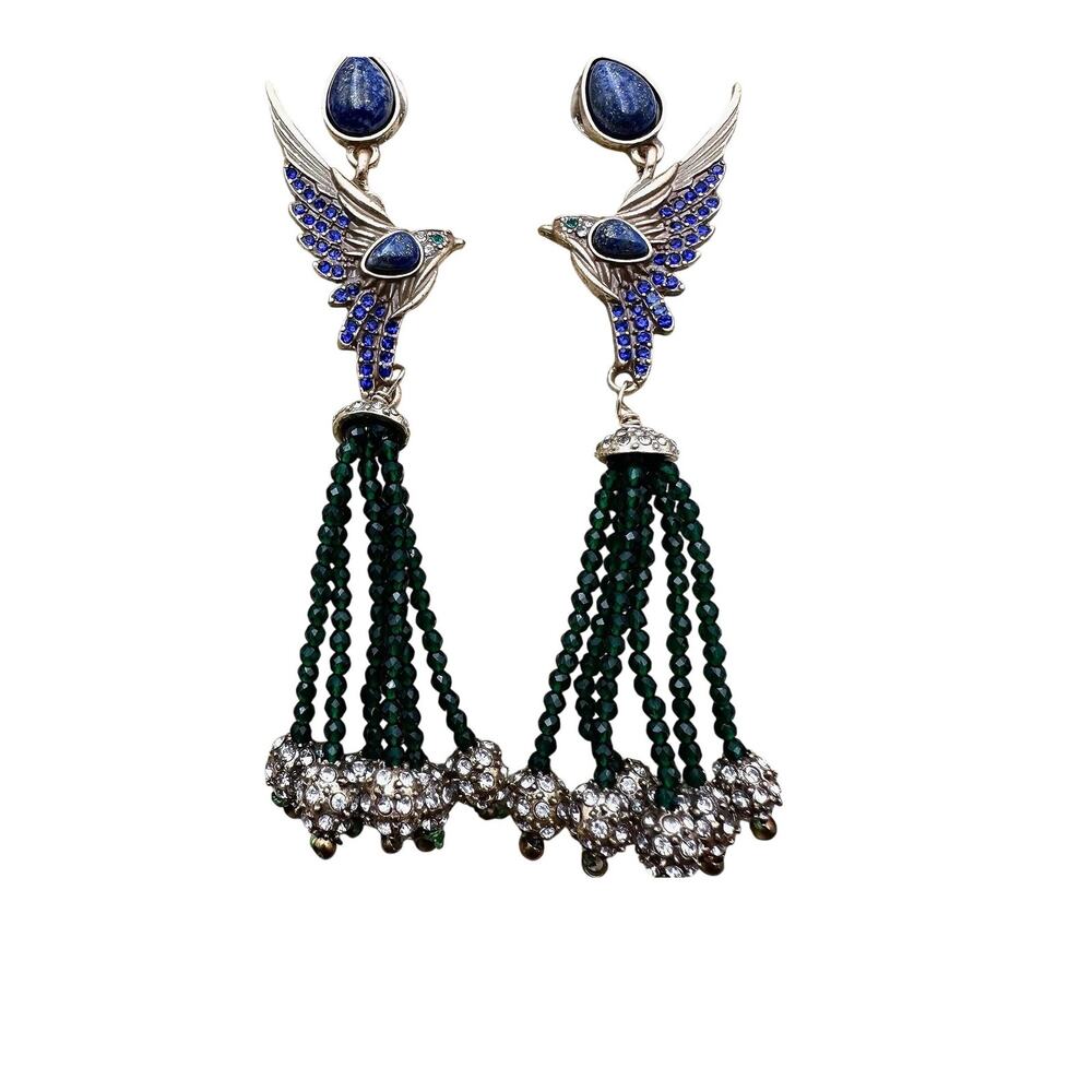 Artisan Made Blue and Green Swarovski Glass Bird Earrings- HUGE 3.5" Inch